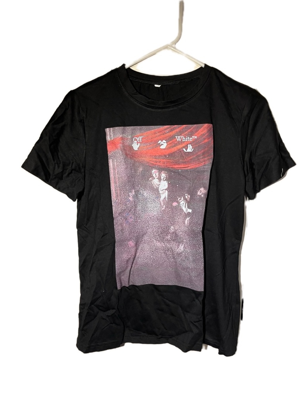 Off-White Black Short Sleeve Graphic Tee with Red Accents
